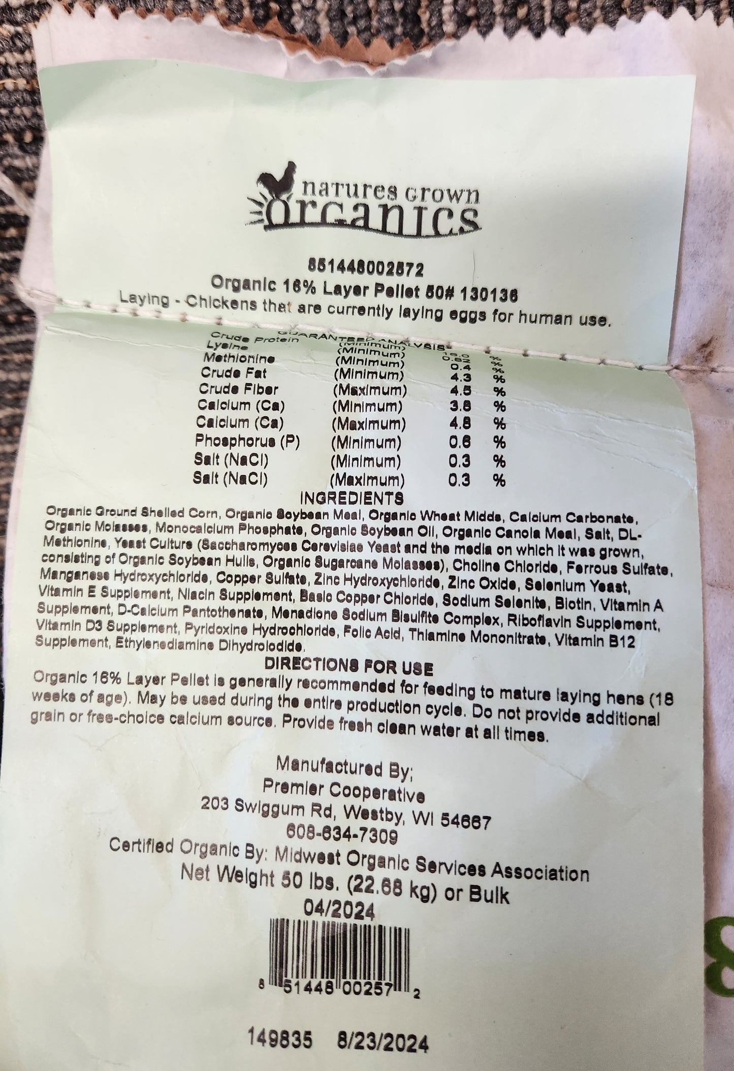 Chicken Feed, Organic Layer Pellets