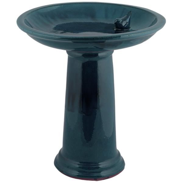 Bird Bath, Ceramic, Teal w/Bird