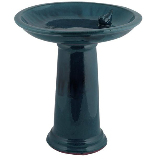 Bird Bath, Ceramic, Teal w/Bird